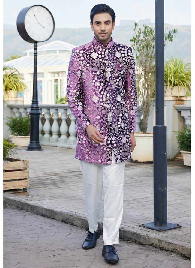 Velvet Magenta Wedding Wear Thread Work Readymade Jodhpuri Suit